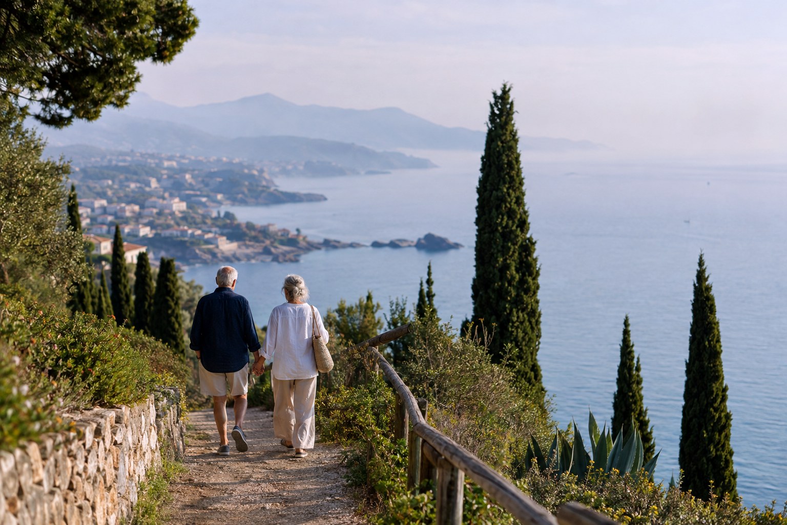 A couple walking a Mediterranean coastal path