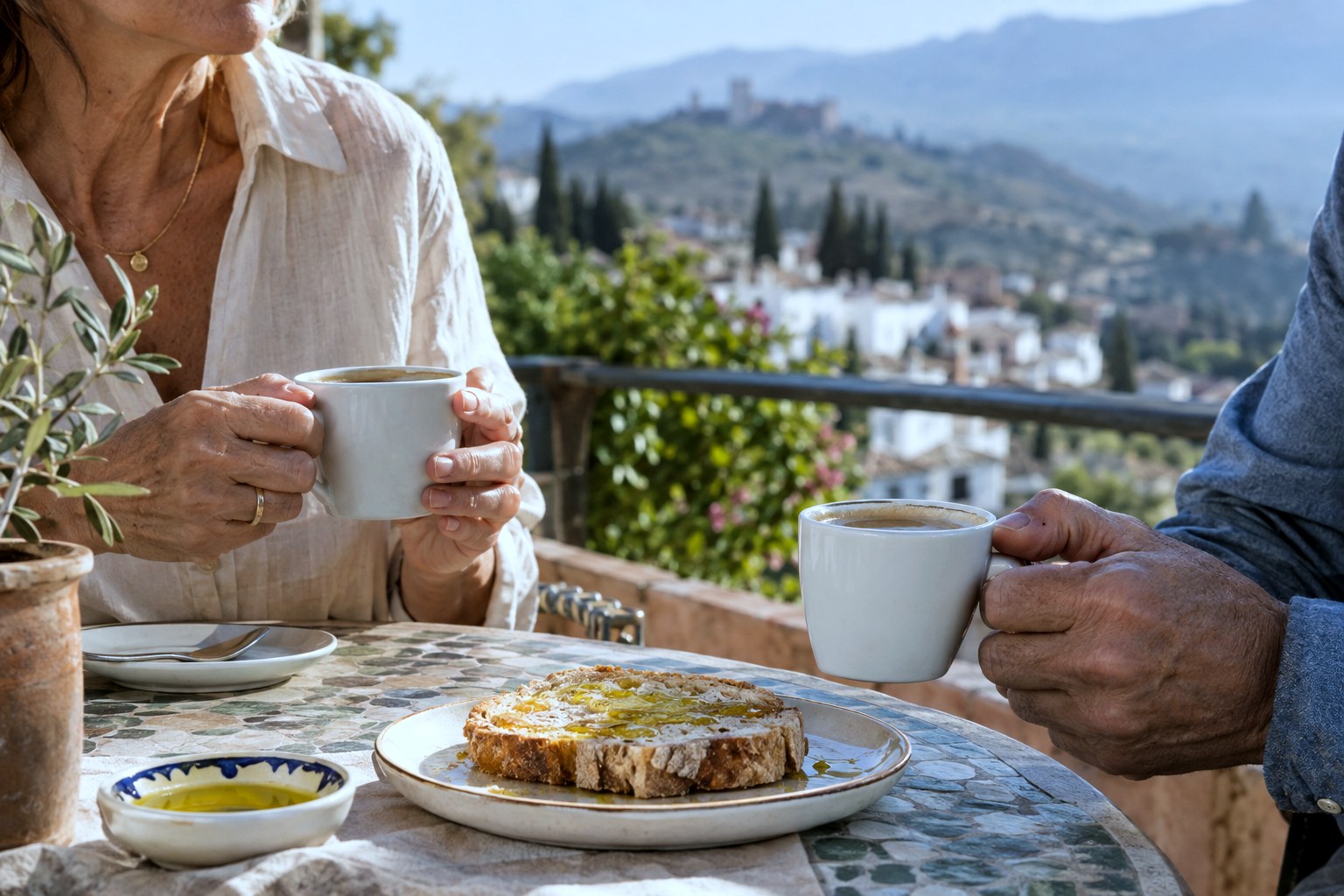Hands sharing coffee at a terrace table
