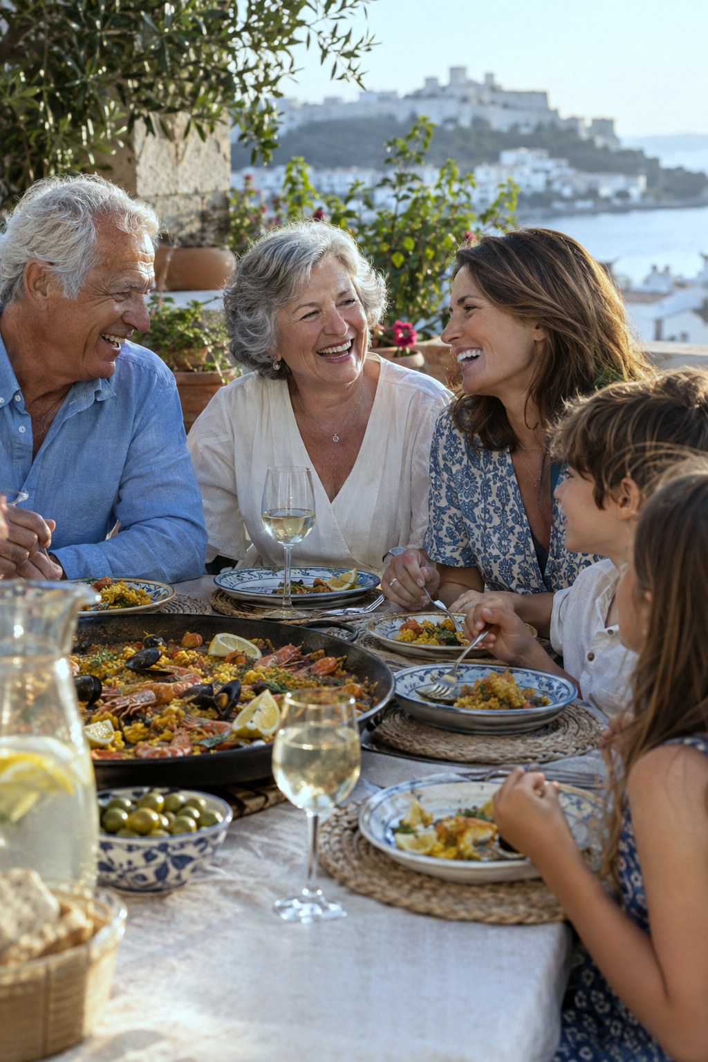 A family lunch on a Spanish terrace at golden hour